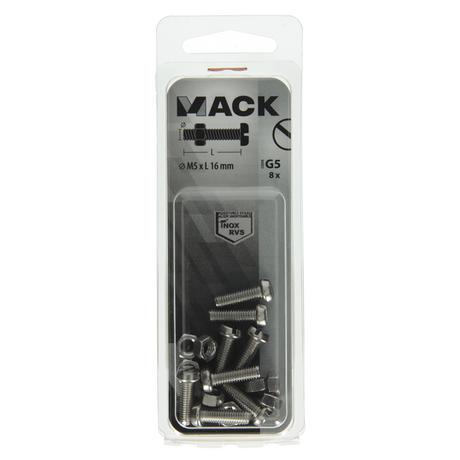 Mack 1019824 - metaalschroef cyl. kop + moer rvs 8 st m5x16 | 10 stuks