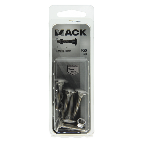 Mack 1019907 - houtbout + moer roestvrijstaal 5 st m6x30 mm | 10 stuks