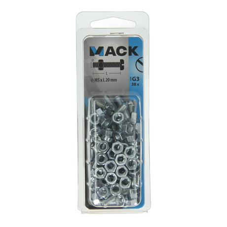 Mack 1018094 - metaalschroef cyl. kop + moer verz. 38 st m5 x 20 mm | 5 stuks