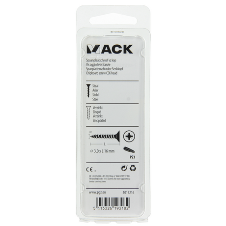 Mack 1017216 - spaanplaatschroef vz kop geelverz.50 st 3,0 x 16 mm | 10 stuks