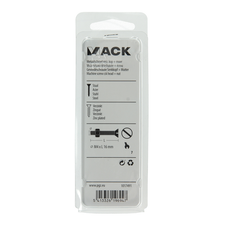 Mack 1017491 - metaalschroef verz. kop + moer verz. 20st m4 x 16 mm | 10 stuks