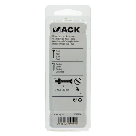 Mack 1017504 - metaalschroef verz. kop + moer verz. 8 st m5 x 50 mm | 10 stuks