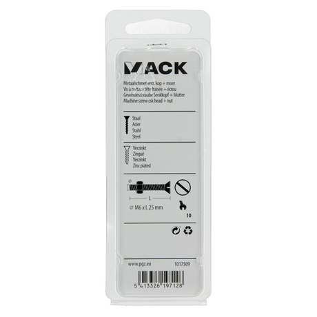 Mack 1017509 - metaalschroef verz. kop + moer verz. 9 st m6 x 25 mm | 10 stuks