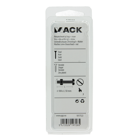 Mack 1017522 - metaalschroef cyl. kop + moer verz. 9 st m4 x 50 mm | 10 stuks