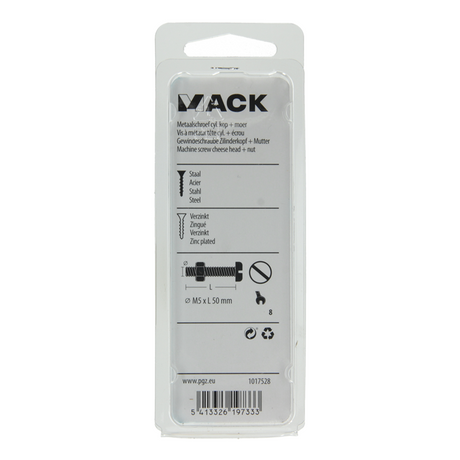 Mack 1017528 - metaalschroef cyl. kop + moer verz. 8 st m5 x 50 mm | 10 stuks
