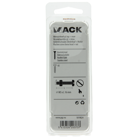 Mack 1019824 - metaalschroef cyl. kop + moer rvs 8 st m5x16 | 10 stuks
