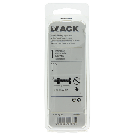 Mack 1019826 - metaalschroef cyl. kop + moer rvs 6 st m5x30 | 10 stuks