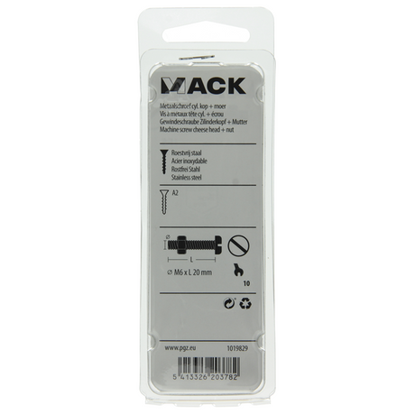 Mack 1019829 - metaalschroef cyl. kop + moer rvs 5 st m6x20 | 10 stuks
