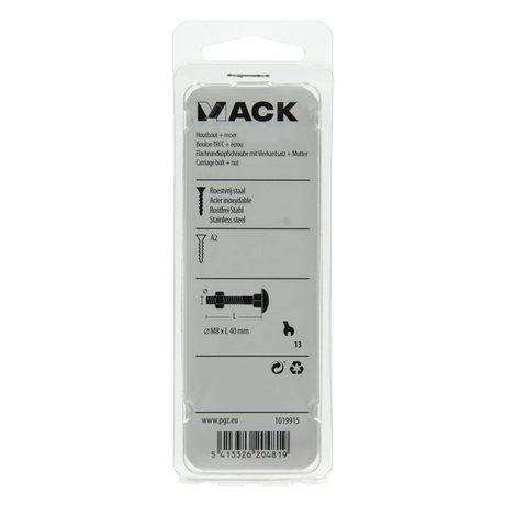 Mack 1019915 - houtbout + moer roestvrijstaal 4 st m8 x 40 mm | 5 stuks