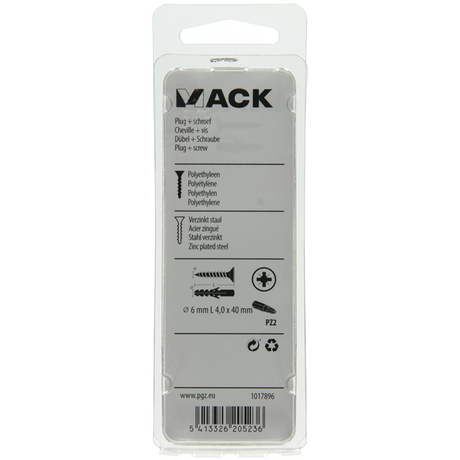 Mack 1017896 - plug + schroef polyethyleen 20 st 6 mm 4,0 x 40 mm | 5 stuks