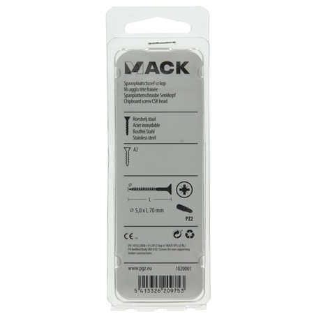 Mack 1020001 - spaanplaatschroef vz kop rvs 18 st 5,0 x 70 mm | 5 stuks