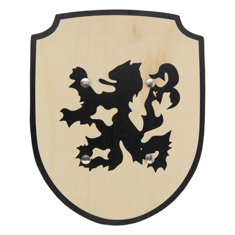 Playwood houten schild ridder leeuw met stoffen handvat speelgoed.