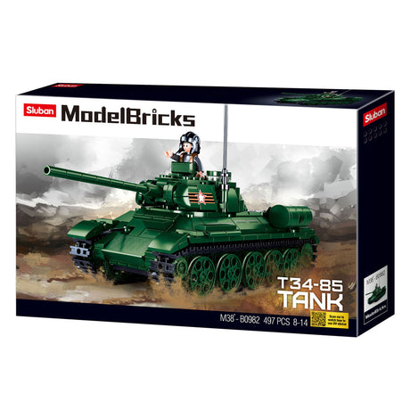 Sluban wwii t-34-85 tank bouwspeelgoed kinderen vanaf 8 jaar – constructiespeelgoed modelbouw – bouwdoos met 497 bouwstenen – m38-b0982