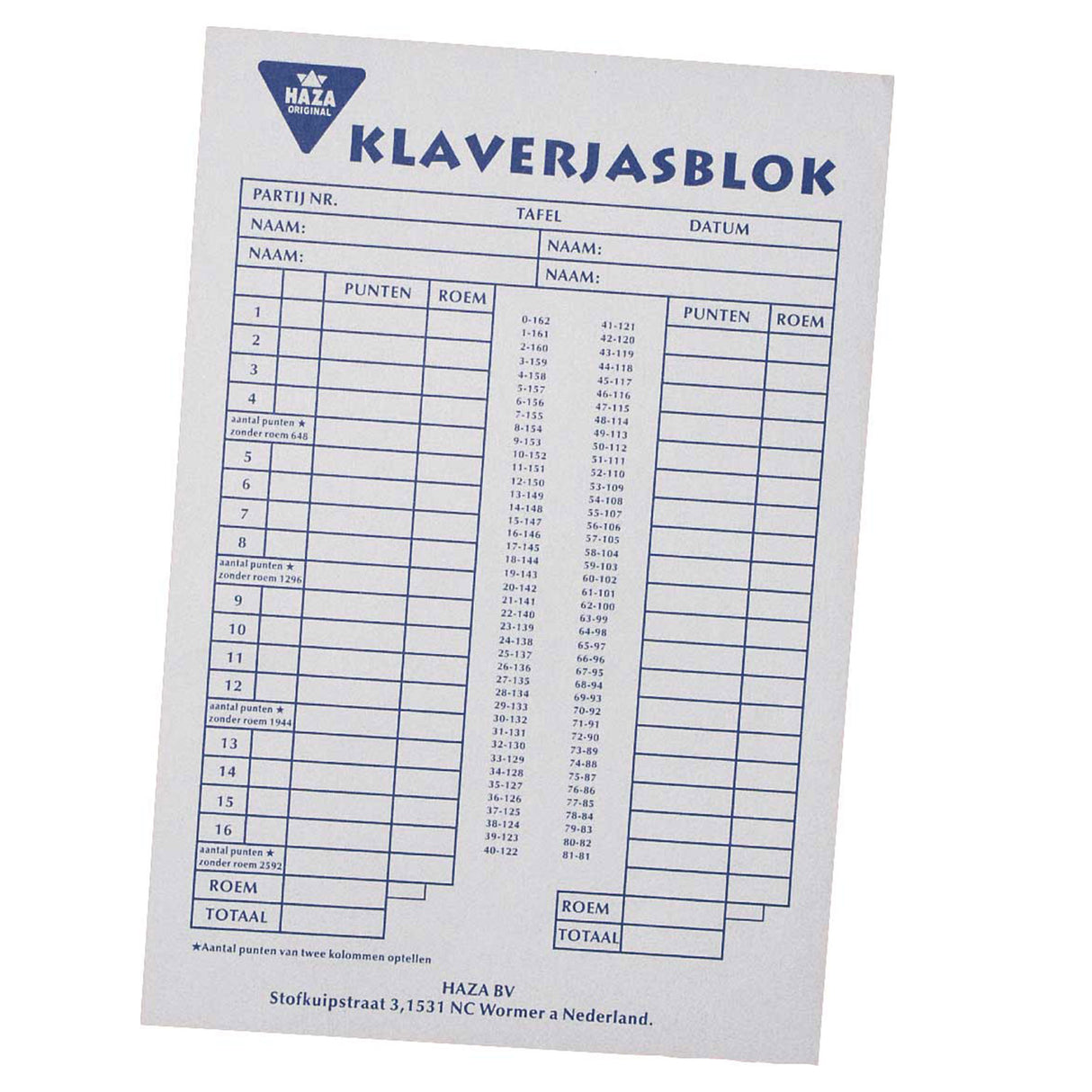 Haza Witbaard Klaverjas Block, 50 sheets