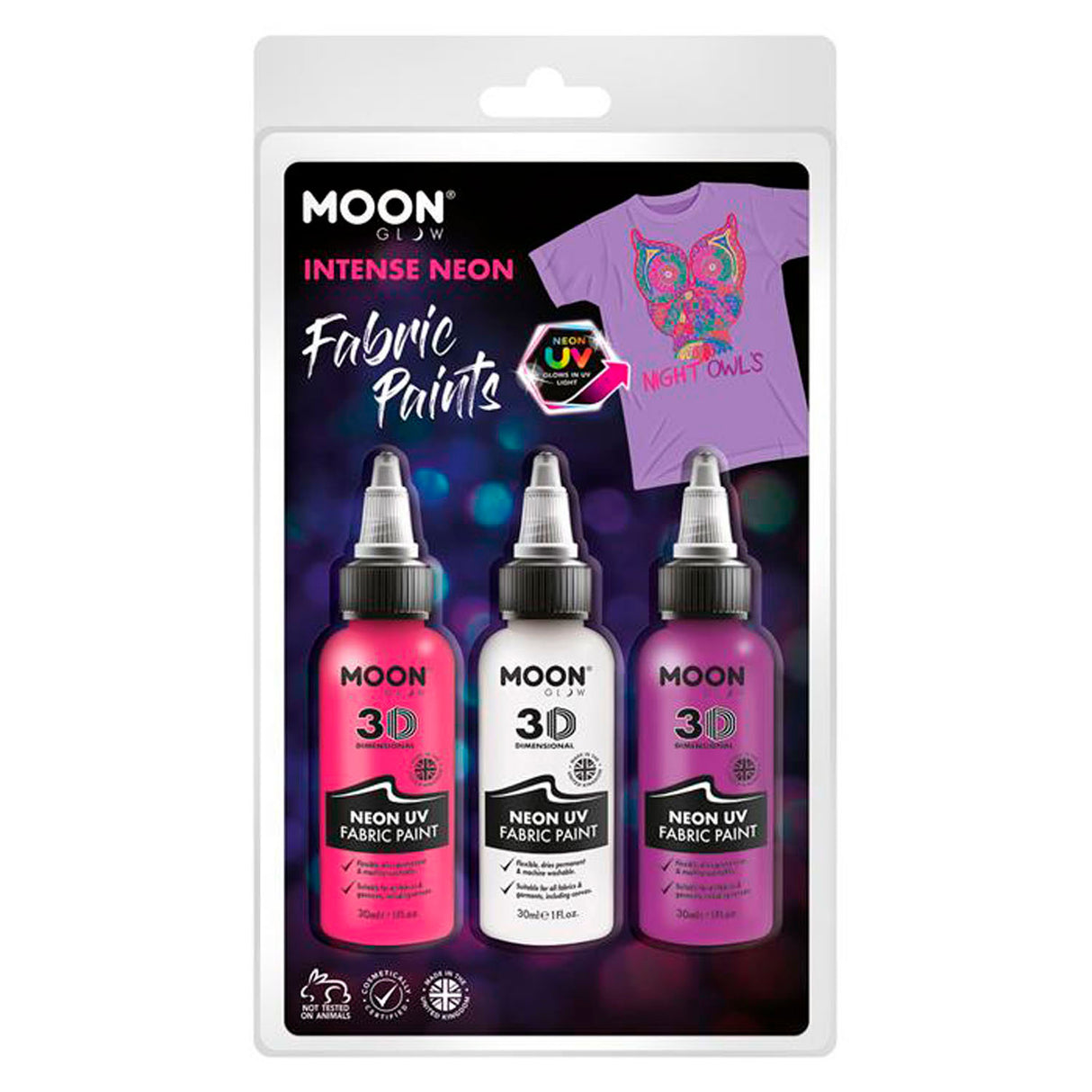 Tekstilmaling neon 3x30ml - hvid, lyserød, lilla