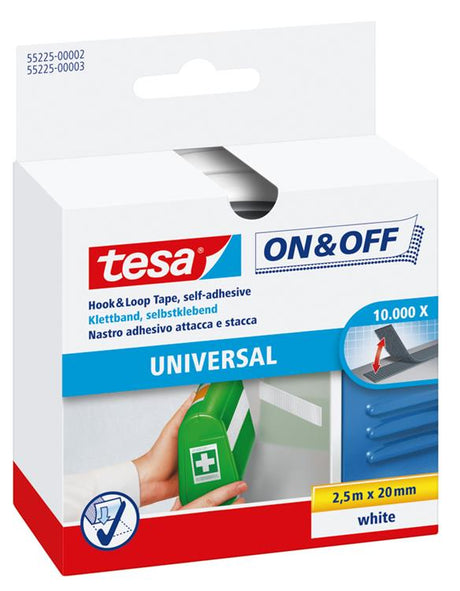 Tesa klittenband on off zelfklevend voor lichte voorwerpen bevestigen – wit 2cm x 250cm