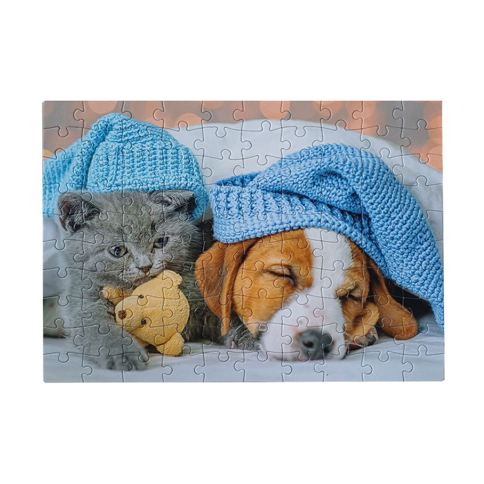 Taktesch jigsaw Puzzle léif Kitten a schlofeg Hond, 100..