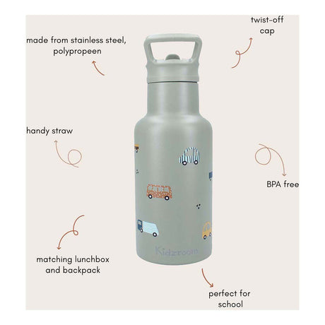 Kidzroom sweet cuddles - schoolbeker en drinkfles - 350ml - stainless steel - auto's - groen