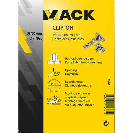 Mack 1015226 - 2 inboorscharnieren clip on 35mm 110° half opliggende deur | 10 stuks