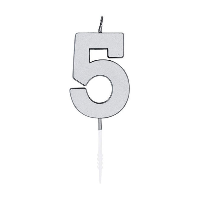 Globos taartkaars 4,5cm metallic zilver no. 5