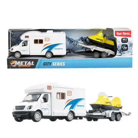 Toi-toys toi toys metal world camper met aanhanger en sneeuwscooter 23cm