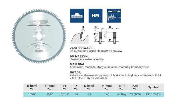 Cmt rondzaag hw d=165 f=20 z=40 k=2,2 1,6 aluminium, messing, composiet