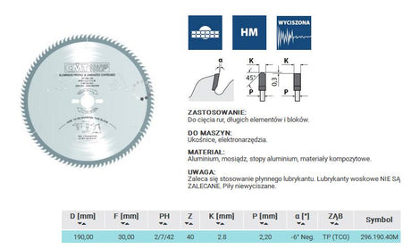 Cmt rondzaag hw d=190 f=30 z=40 k=2,8 2,2 aluminium, messing, composiet