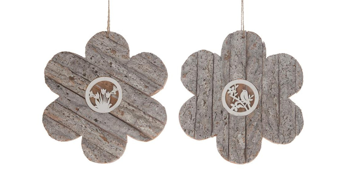 Wooden flower with bark hanger 25x25x1.5cm 1pc 2 assorted wh