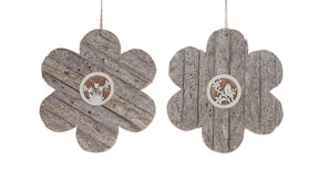 Wooden flower with bark hanger 25x25x1.5cm 1pc 2 assorted wh
