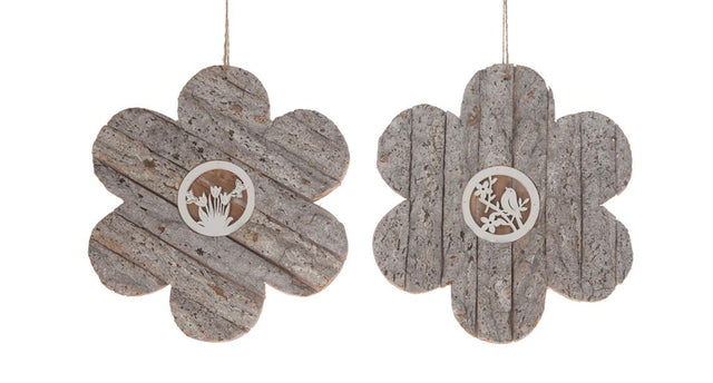 Wooden flower with bark hanger 25x25x1.5cm 1pc 2 assorted wh