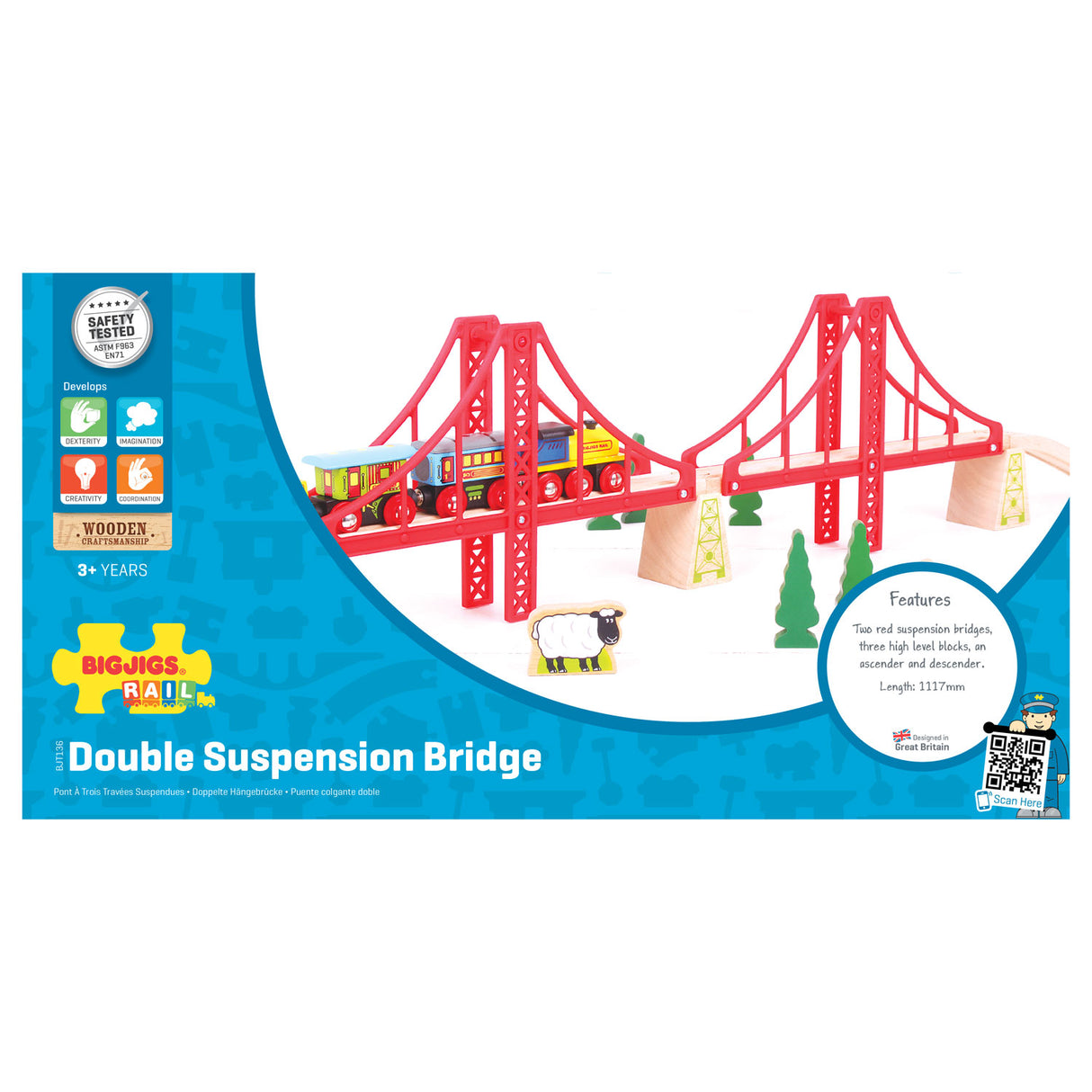 Bigjigs Wooden Rails Double Suspension Bridge, 7dlg.