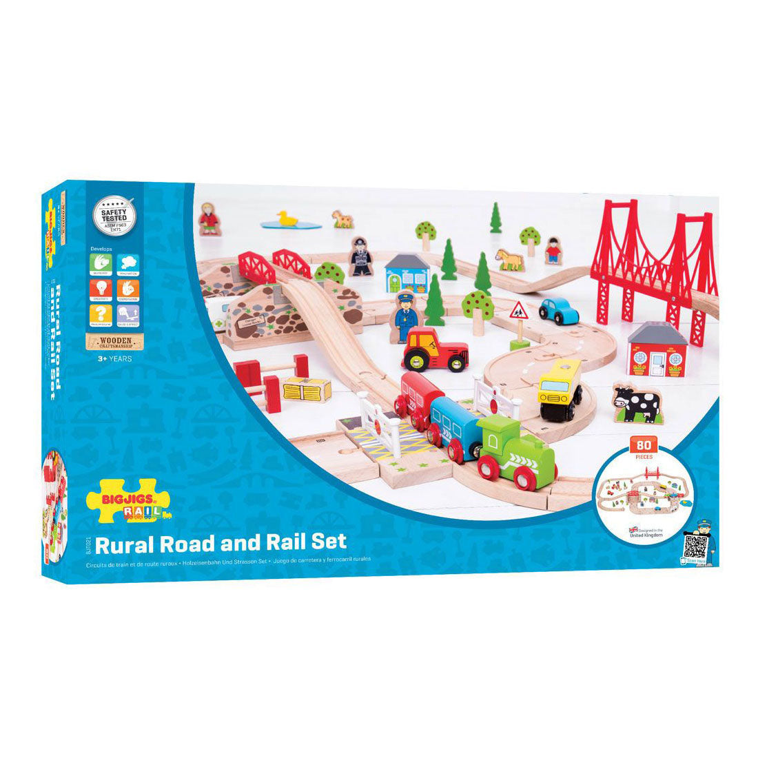 BigJigs Wooden Road and Train Set venkov, 80DLG.