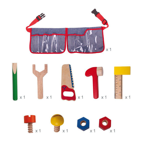 Bigjigs toys rode gereedschapsgordel met houten gereedschap - bigjigs - met klipsluiting - 10-delig