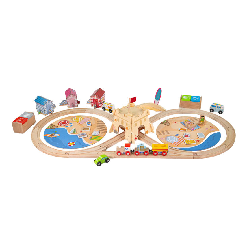 Bigjigs Wooden Train Set Coast Sea Coast Up, 70dlg.