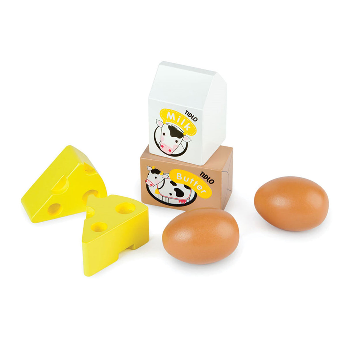 Tidlo houten eieren en melk in een kratje
