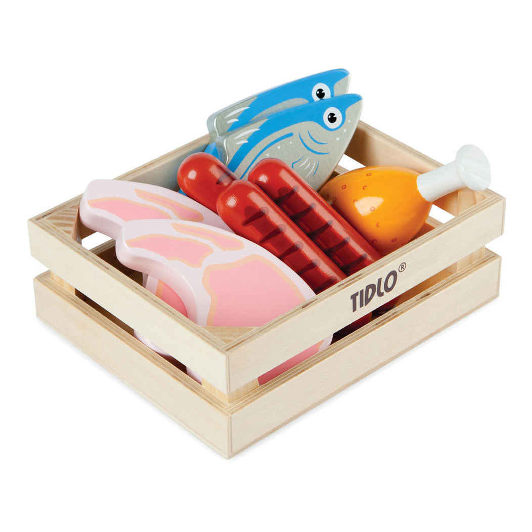 Tidlo wooden playets meat and fish in box, 8dlg.