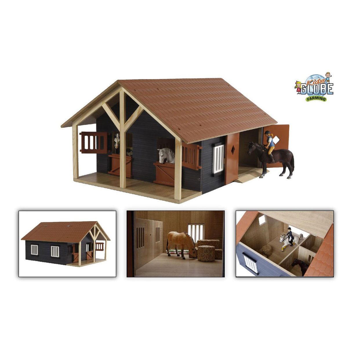 Kids Globe Globe Globe Horse Estable con 2 cajas y almacenamiento, 1:24