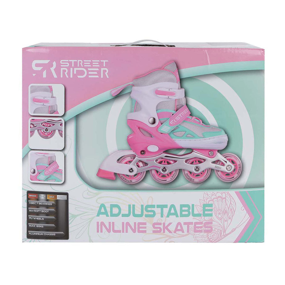 Street rider inline skeelers roze groen verstelbaar, maat 33-36