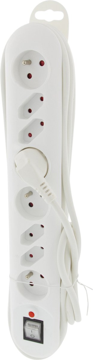 Exin stekkerdoos 8-voudig - 4x euro en 4x penaarde stopcontact - thermische beveiliging - vinyl snoer 3 m - 3x1.5 mm - spatwaterdicht - kindvriendelijk - max. 3500 watt - wit