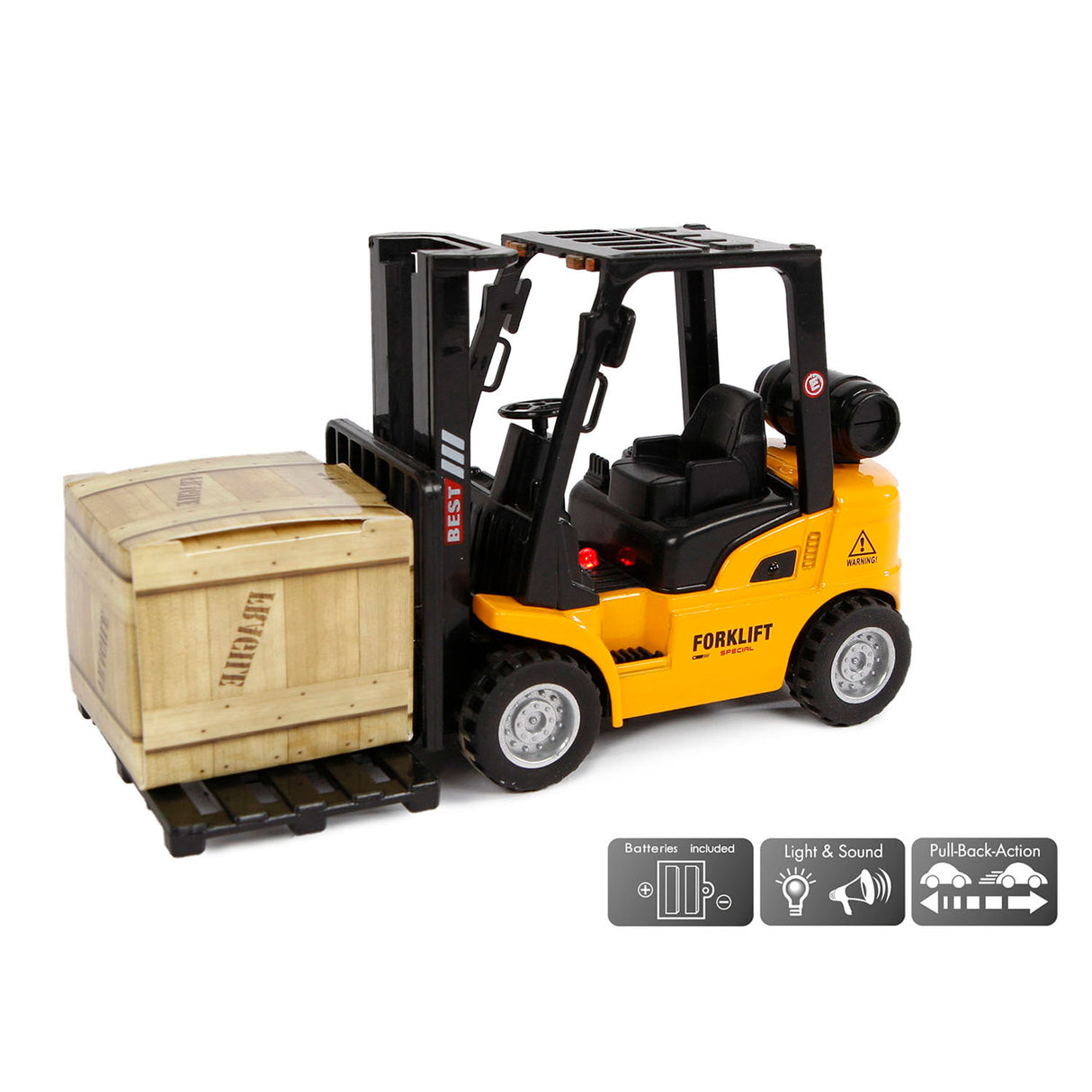 2-play Die-cast forklift truck with light and sound, 14 cm