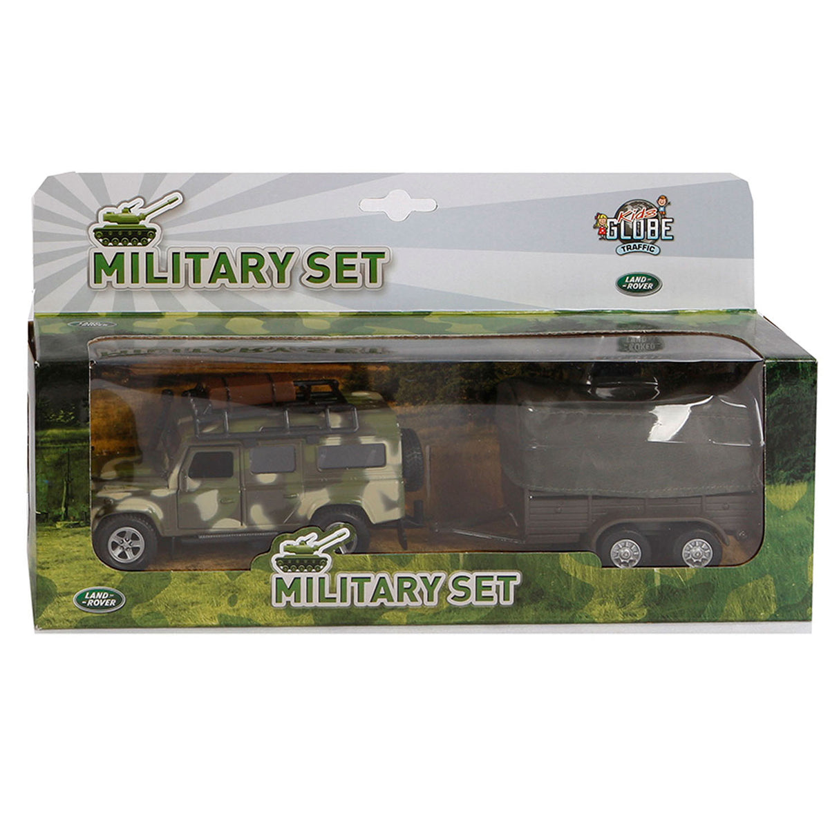 Kids Globe Die Cast Land Rover mit Trailer Army, 27 cm