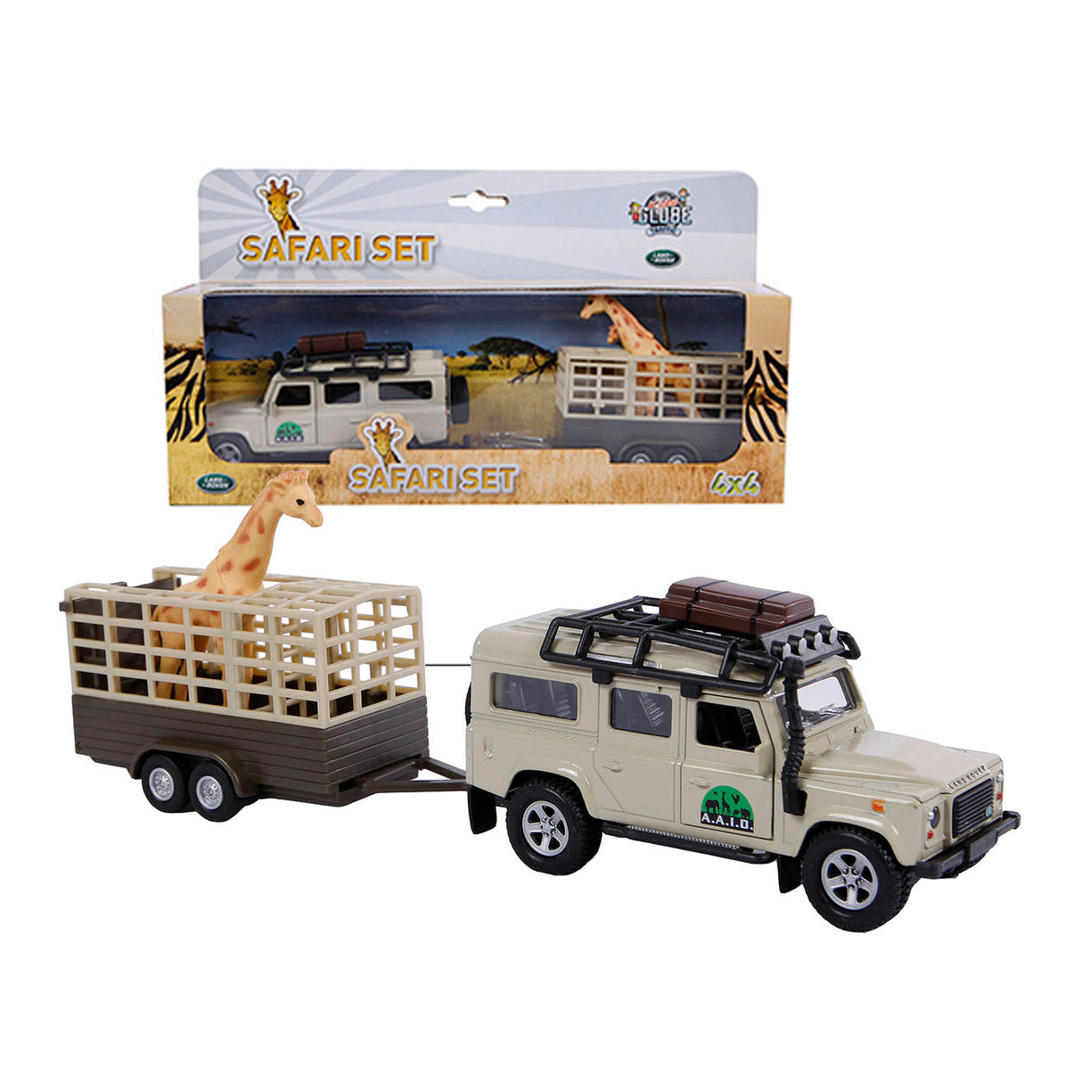 Barn Globe Die Cast Land Rover med Giraffe-Trailer, 29 cm