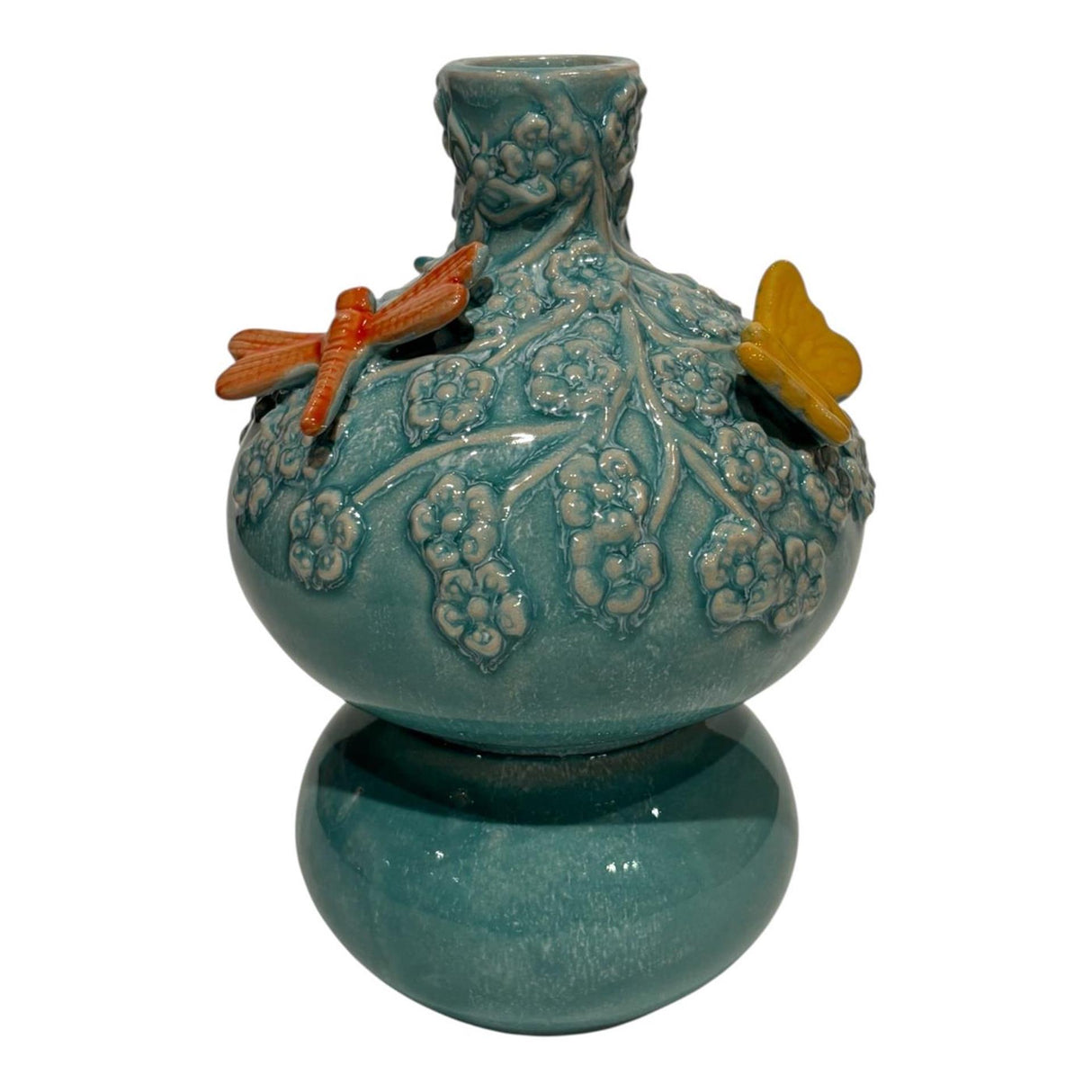Mansion atmosphere vaas met vlinders groen-blauw 11x11x17cm