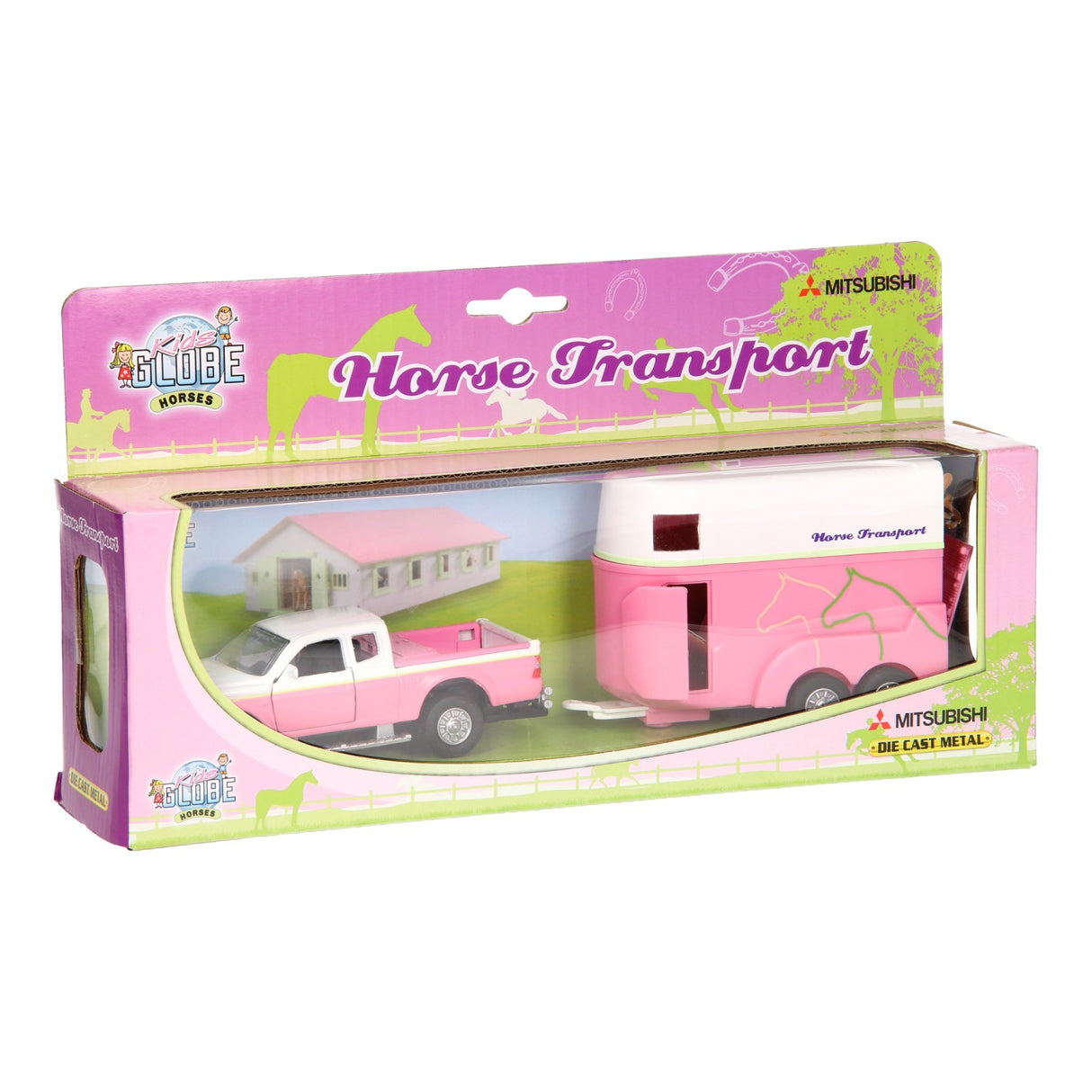 Barn Globe Die Cast Car med Horse Trailer Pink, 1:32