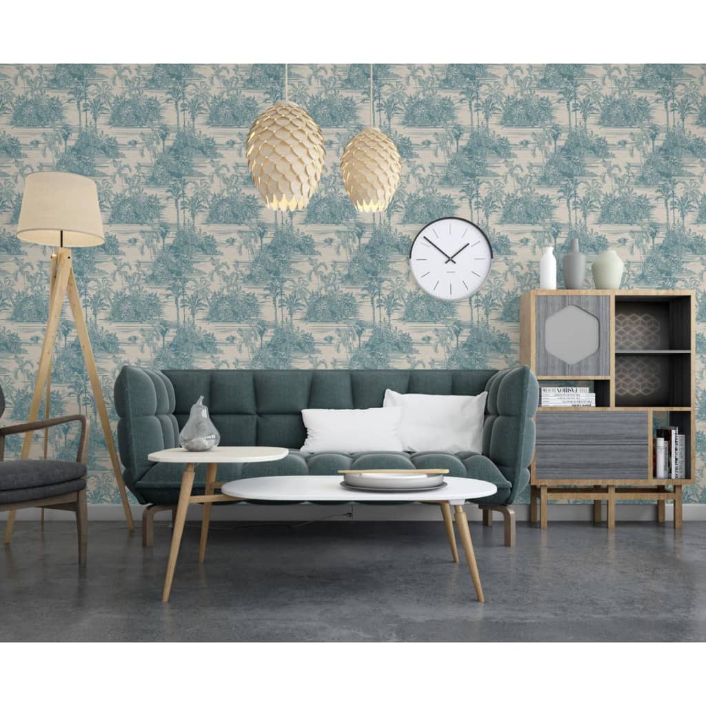 Cubos de paredes holandeses Cubos de pared holandeses Wallpaper Beige Tropical y Lichtblauw