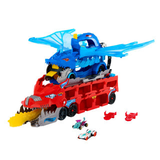 Hot wheels city - ultieme dubbele draak transportvoertuig en 2 speelgoedauto's
