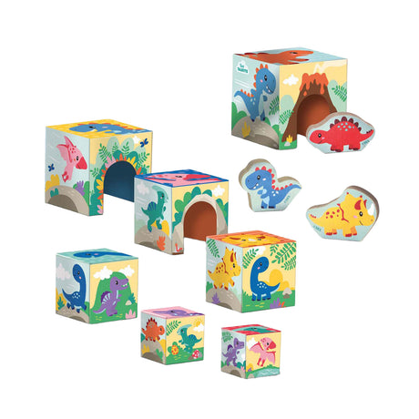 Ses stapelblokken toren met dino figuren