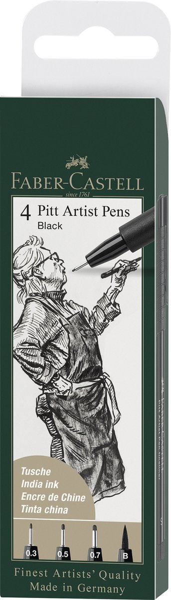 Faber-castell fineliner - tekenstift - fineliners + brushpen - pitt artist pen - 4-stuks - zwart - fc-167100