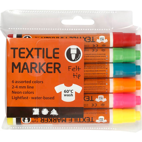 Creativ company textielstiften neon kleuren - lijndikte 2-4mm - 6st.