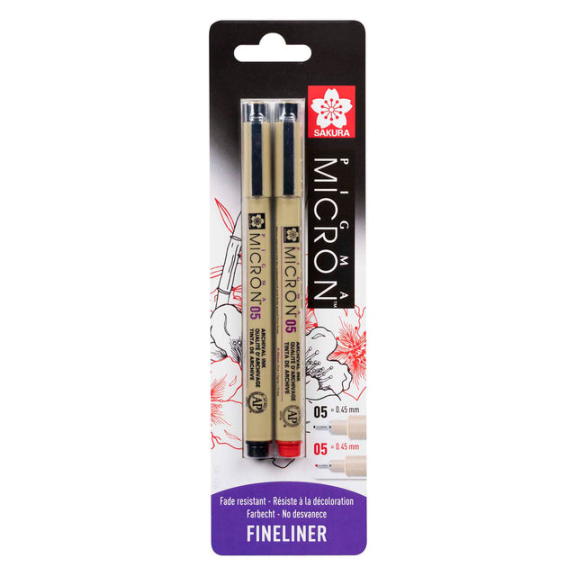 Sakura blisterkaart pigma micron 05 0,45 mm zwart, rood, 2st.